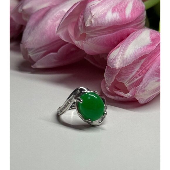 D'Joy 925 STERLING SILVER GREEN NEPHRITE & WHITE BERYL RING SIZE 6.5 - Picture 5 of 9